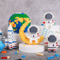 Astronauts assemble building block toys.